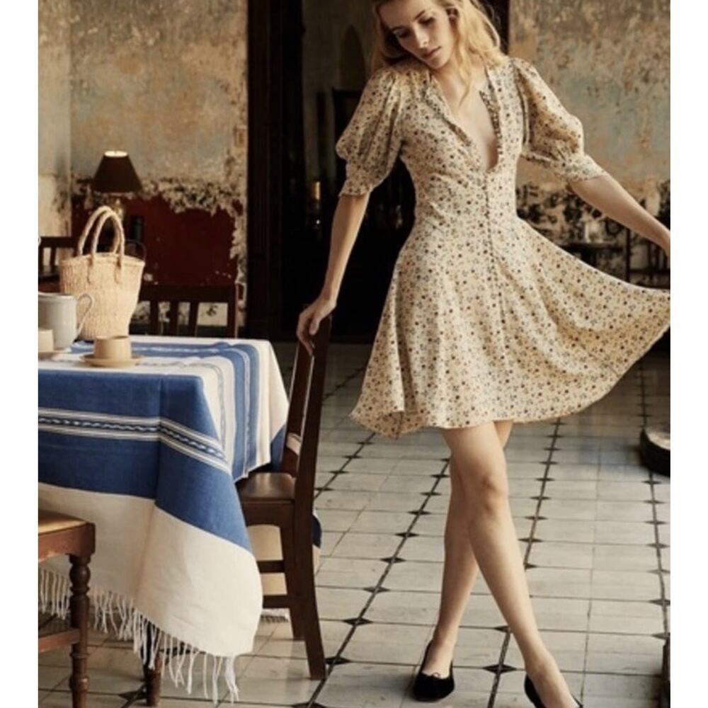 DOEN Ceres Silk Mini Dress Papillon Floral Puff Sleeve Cottagecore Small